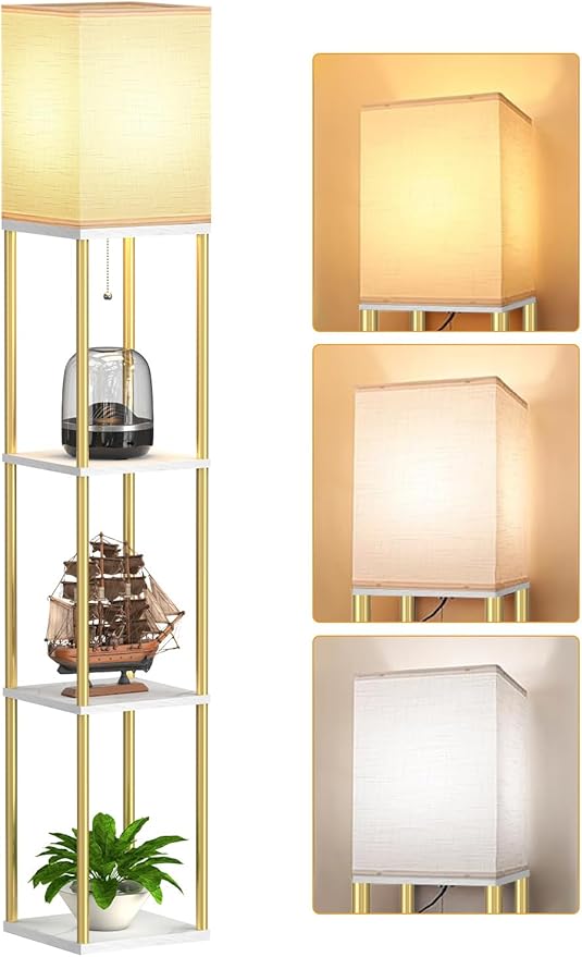 Floor Lamp with Shelves, Modern Corner Display Standing Column Shelf Lamp Etagere Organizer Tower Nightstand with White Linen Shade for Living Room, Bedroom and Office, Marble White and Gold Poles