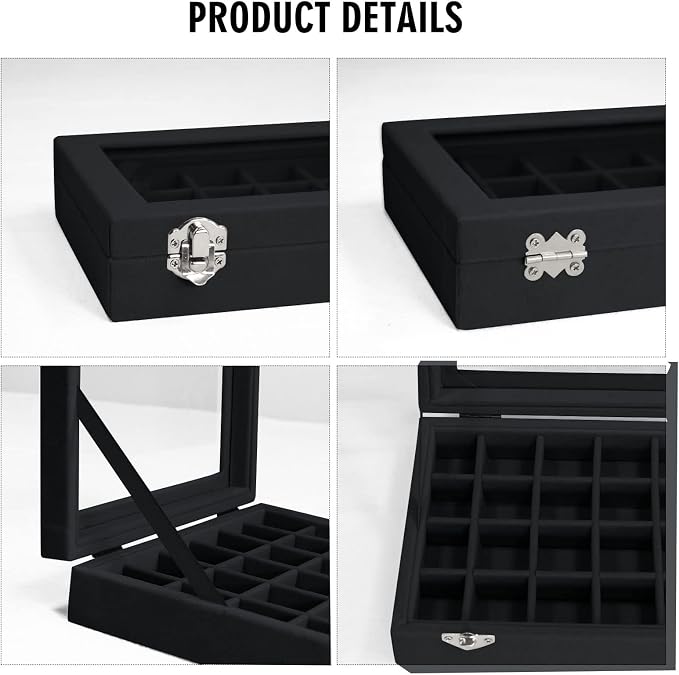 Vicoter Velvet Jewelry Box 24 Grid Jewelry Ring Display Organiser Box Tray Holder Earrings Storage Case for Girls Wife Mom Women (Black)