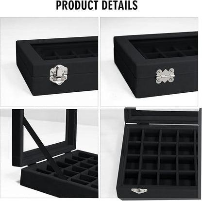 Vicoter Velvet Jewelry Box 24 Grid Jewelry Ring Display Organiser Box Tray Holder Earrings Storage Case for Girls Wife Mom Women (Black)