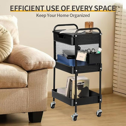 CRUDATE 3-Tier Rolling Cart with Drawer, Metal Utility Storage Cart Organizer with Lockable Wheels&Hanging Cups&Hooks, Mobile Storage Craft Carts Trolley with Mesh Shelves for Kitchen, Office-Black