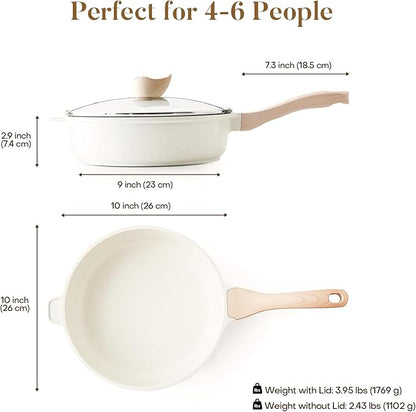 Kordisen Nonstick Ceramic Deep Frying Pan, 10 Inch Non Toxic Skillet with Lid, Healthy Jumbo Cooker, Saute Pan for Cooking, Induction Cookware, PFOA & PFAS Free (Cream)