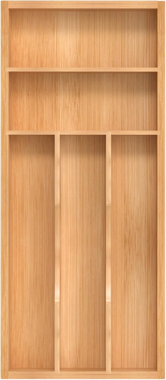 Silverware Organizer, Bamboo Kitchen Drawer Organizer, Utensil Holder, Cutlery Tray & Spoon Flatware Storage with Grooved Drawer Dividers (6.7''W x 15.5''D)