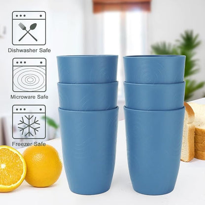 PYRMONT Wheat Straw Cups 16 Oz Alternative Plastic Cups Set of 6 Unbreakable Water Cups for Kitchen Dishwasher & Microwave Safe Drinking Cups for Camping,Office,RV Stackable Cups-Darkblue
