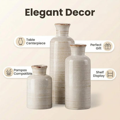 CwlwGO- Ceramic Rustic Vase 3 Piece Set,Small vase for Country Home Decoration,Modern Farmhouse Decor, Living Room Table Decoration, Bookcase, Fireplace and Entrance Decorations.(White)