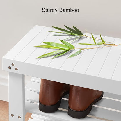 Pipishell Bamboo Shoe Rack Bench, 3-Tier Sturdy Shoe Organizer, Storage Shoe Bench, Holds up to 300lbs for Entryway Bedroom Living Room Balcony (White)