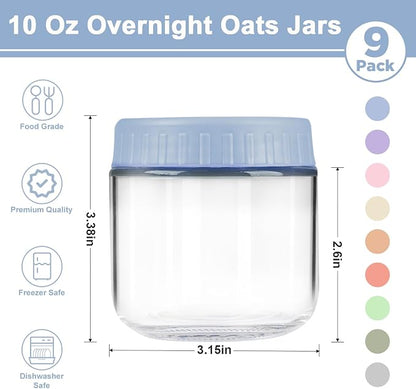 Overnight Oats Containers with Lids, 10oz Wide Mouth Mason Jars with Lids, 9 Pack Glass Jars with Airtight lid for Chia Pudding Yogurt Salad, Meal Prer Oatmeal Jars