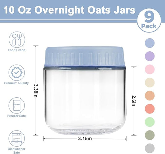 Overnight Oats Containers with Lids, 10oz Wide Mouth Mason Jars with Lids, 9 Pack Glass Jars with Airtight lid for Chia Pudding Yogurt Salad, Meal Prer Oatmeal Jars