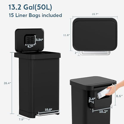 Arlopu 50L/13.2Gal Stainless Steel Trash Can W/15 Inner Bags & Rear Trash Bag Storage Compartment, Kitchen Step Trash Can with Lid & Built-in Deodorizer Box, Garbage Bin W/Foot Pedal (Black)