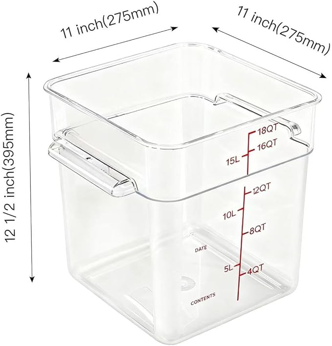 4 Pack Food Storage Containers with Red Lids, 18.0 Qt - Square, Clear, Polycarbonate, for Restaurant Commercial Kitchen and Home party