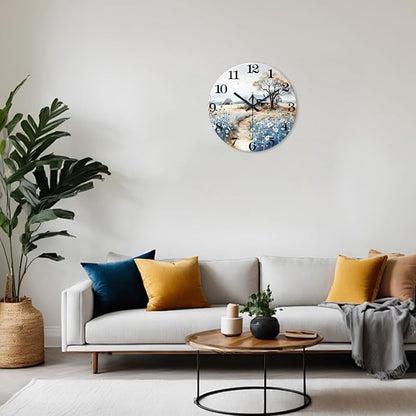 XNM Round Clock Battery Operated 16 Inch Wood Analog Large Wall Clocks for Living Room Blue Flower Wall Clock Silent(No Solid Wood, It is with MDF Material)
