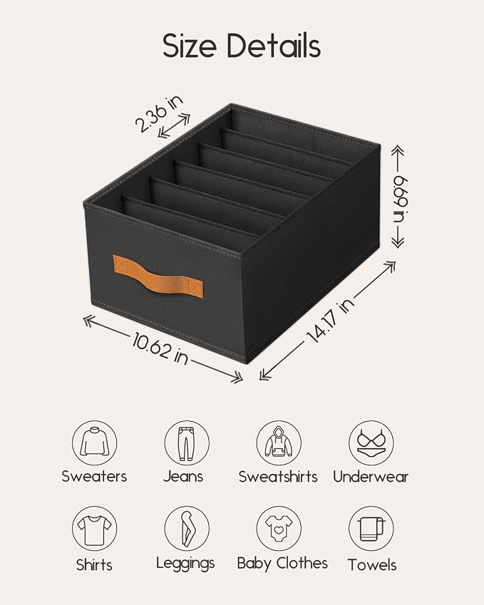 Homsorout Closet Organizers and Storage - Fabric Clothes Organizer with Handles, Foldable Jeans Organizer for Clothes, Drawer Organizer for Shirts, Bra, Sweater, Scarf, 8 Pack, Black