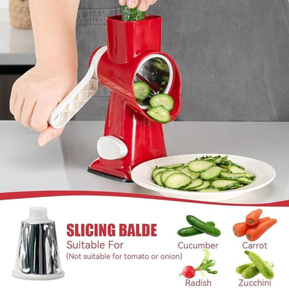 KEOUKE Rotary Cheese Grater Hand Crank Red - Shredder Slicer Grinder 3 Stainless Steel Blades, Stable Suction, Labor-Saving Handle, Safe Kitchen Tool for Cheese, Vegetable, Nuts, Chocolate