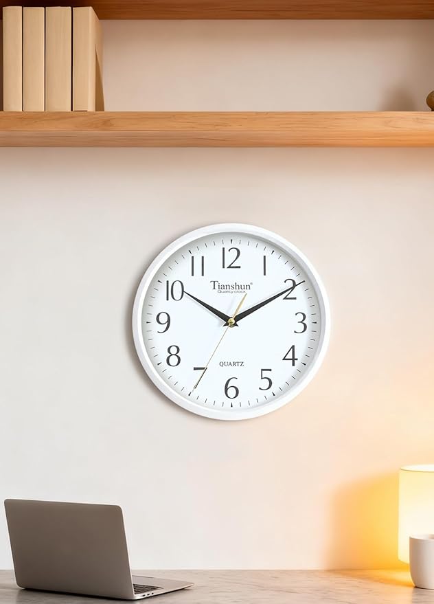 Wall Clock Silent Non-Ticking Battery Operated Small 10 Inch Modern Easy to Read for Living Room Bedroom Kitchen Office Decor (White)