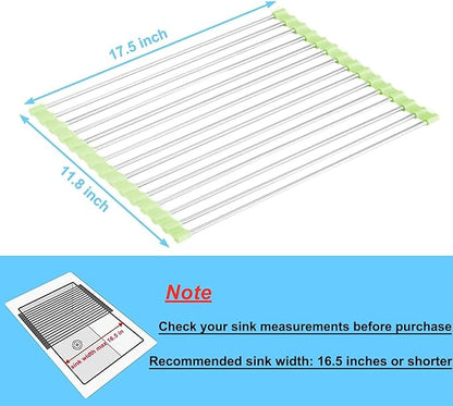 Seropy Roll Up Dish Drying Rack Over The Sink Drying Rack for Kitchen Counter, Rolling Dish Rack Over Sink Mat, Foldable Dish Drainer Stainless Steel Rack Kitchen Organization Green 17.5"x11.8"