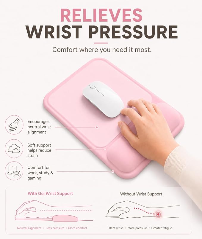 eulps Ergonomic Mouse Pad with Wrist Rest, Gel Mousepad with Soft Wrist Support, Non-Slip PU Base, Smooth Surface Mouse Pad for Wrist Pain Relief, Computer Laptop Office Home & Gaming (Pink)