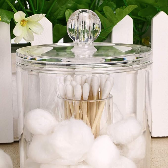 Hipiwe Cotton Ball and Swab Organizer with Lid Apothecary Acrylic Jar Makeup Qtip Organizer Bathroom Storage Canister Jar for Cotton Rounds Pads Q-tips Holder