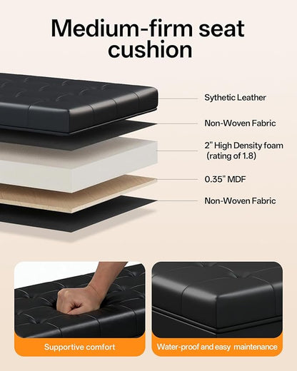 Synthetic leather Storage ottoman bench with legs,43.5”W x 15.7”D x 15.7”H,metal frame end of bed bench hold up to 770 LB,Large Storage Chest hold up to 770 LB,Black UASND622B