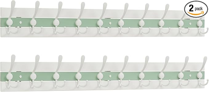 SKOLOO Coastal Coat Rack Wall Mount-38-1/8 Beach House Entryway Wooden Coat Hook with 10 Hooks for Hanging Coats, Hats or Towels, Oceanfront Cottage Core Collection, White & Green, Pack of 2