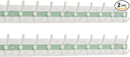 SKOLOO Coastal Coat Rack Wall Mount-38-1/8 Beach House Entryway Wooden Coat Hook with 10 Hooks for Hanging Coats, Hats or Towels, Oceanfront Cottage Core Collection, White & Green, Pack of 2