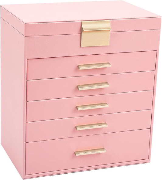 BOOVO Jewelry Boxes for Women, White and Black 6 Layer Large Jewelry Box for Necklace, Bracelet, Earrings, Rings Storage, Jewelry holder Organizer for Girls Gift (Pink, 6 layer)