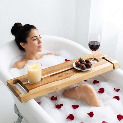 EcoDecors Eleganto 30" Live Edge Solid Teak Bath Caddy Tray with Handle, Book & Tablet Holder, Wine Glass Holders, Luxury Bathtub Tray