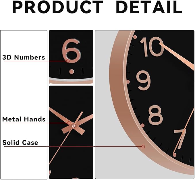 Roymnie Wall Clock 12 Inch Silent Wall Clocks Battery Operated-Modern Non Ticking Analog Clock Decorative for Kitchen Bedroom Office (Black Rose Gold)