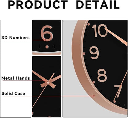 Roymnie Wall Clock 12 Inch Silent Wall Clocks Battery Operated-Modern Non Ticking Analog Clock Decorative for Kitchen Bedroom Office (Black Rose Gold)