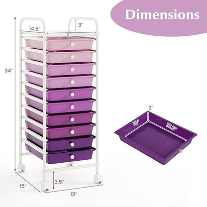 RELAX4LIFE 10 Drawer Rolling Cart - Slim Storage Cart w/Lockable Wheels for Classroom School Teacher Office, Art Supplies Paper Scrapbook Craft Organizers, Utility Cart with Drawers (Gradient Purple)