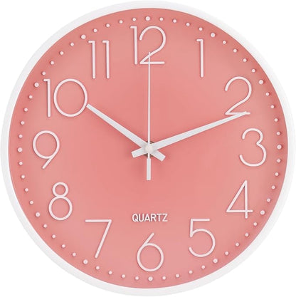 Wall Clock Non-Ticking Silent Modern Simple Style Round Decor Clock Stereoscopic Dial Quartz Wall Clocks for Home/Office/School/Living Room/Bedroom/Kitchen (Peach Pink, 12inch)