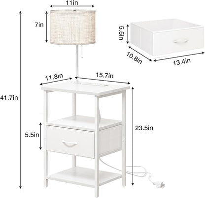 Fixwal Bedside Table with 3 Color Temperatures Bulb Attached, Nightstand with Charging Station and Lights, End Table with Fabric Drawer for Bedroom & Dorm (White)