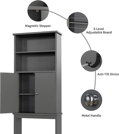 Shintenchi Over The Toilet Storage Cabinet, Bathroom Above The Toilet Rack, Bathroom Adjustable Shelf Organizer with Open Bottom Bar and Anti-Tip Device, Gray