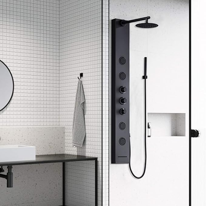 Achelous Round Rainfall Shower Head Panel System with Thermostatic,Stainless Steel High Pressure Turbo Body Jets Waterfall Shower Tower,Brass Handheld Wand in Matte Black
