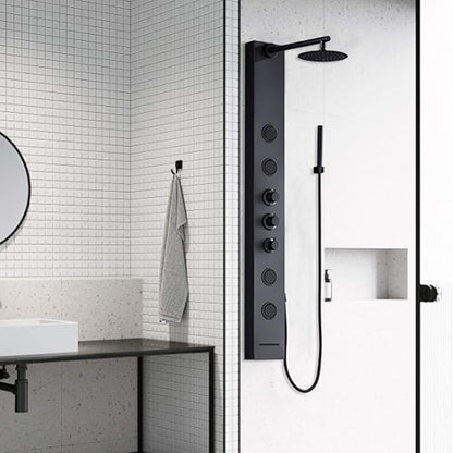 Achelous Round Rainfall Shower Head Panel System with Thermostatic,Stainless Steel High Pressure Turbo Body Jets Waterfall Shower Tower,Brass Handheld Wand in Matte Black