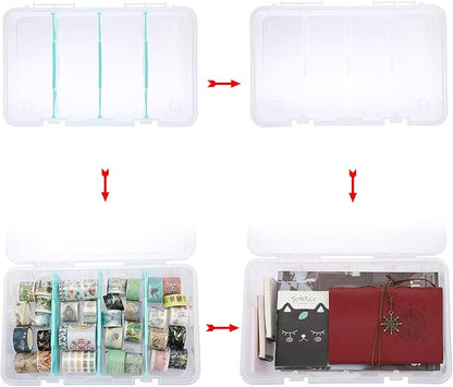 BTSKY Clear Plastic Dividing Storage Box with 4 Compartments Adjustable Storage Bin with Lid Plastic Craft Storage Container Multipurpose Sewing Box Art Supply Organizer, 13.3x8.1x3.4 Inches