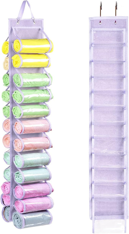 Legging Storage Bag Storage Hanger Can Holds 24 Leggings or Shirts Jeans Compartment Storage Hanger, Foldable Leggings Organizer Clothes Portable Closets Roll Holder (Light Purple)