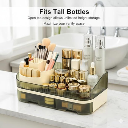 Makeup Organizer Countertop with Dual Drawers, Large Capacity Cosmetic Storage for Vanity Bathroom Skincare, 360° Rotating Makeup Brush Holder