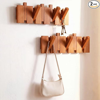 Youyole Mid Century Modern Wooden Coat Hooks Wall Mounted Folding Coat Rack Hanger with Hooks Heavy Duty Flip Down Piano Hat Rack for Hanging Coats Hats Home (17.7 x 5.3'',Wood Color,2 Pcs)