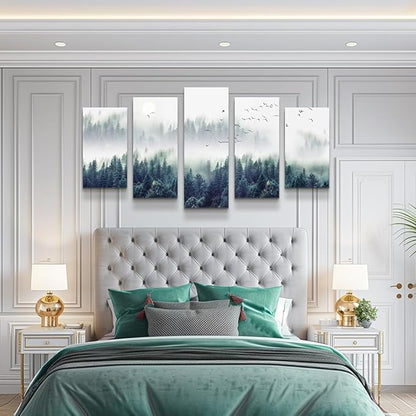 Canvas Wall Art For Living Room Wall Decorations For Bedroom Modern Office Wall Decor Foggy Forest Trees Landscape Paintings Stretched And Framed Ready To Pictures Home Decor 5 Piece Set W60”x H30”