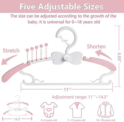Baby Hangers for Closet 20pcs, Pink Kids Clothes Hanger Plastic, 11-14.5" Adjustable Perchas for Child Dresses, Non-Slip Children Bow Hanger for Girl Toddler Infant Nursery Newborn Clothing