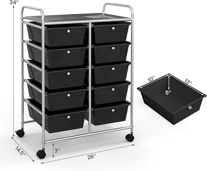 Giantex 10 Drawers Rolling Cart, Classroom Organizers, Storage Cart with Wheels, for Teacher Office Home School Supplies Tool Craft Art Paper, Black