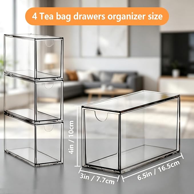 4 Pack Tea Bag Drawers Organizer, Clear Plastic Stackable Tea Organizers and Storage, Portable Tea Bag Holder 6.5" x 4" x 3" for Kitchen Pantry Organizer