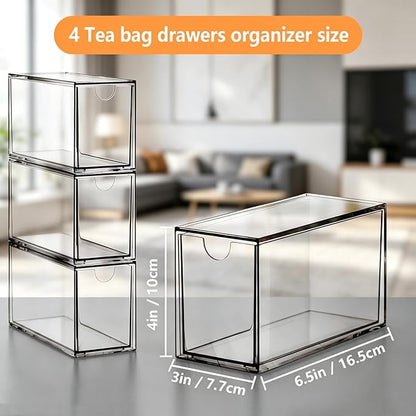 4 Pack Tea Bag Drawers Organizer, Clear Plastic Stackable Tea Organizers and Storage, Portable Tea Bag Holder 6.5" x 4" x 3" for Kitchen Pantry Organizer