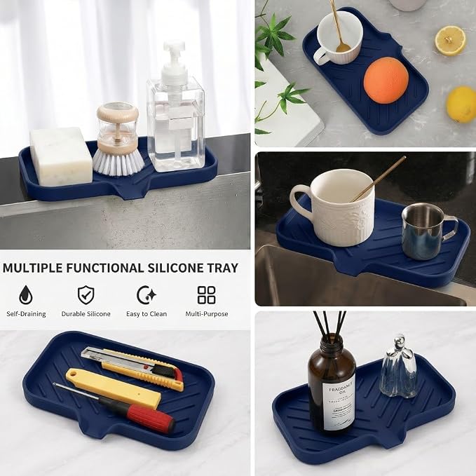 MicoYang Silicone Soap Dish with Drain Spout — Self-Draining Sink Organizer Tray for Bathroom & Kitchen, Sponges, Dispensers & Soap Holder, Non-Slip & Dishwasher Safe, Navy Blue (Medium, 9.6"×5.3")