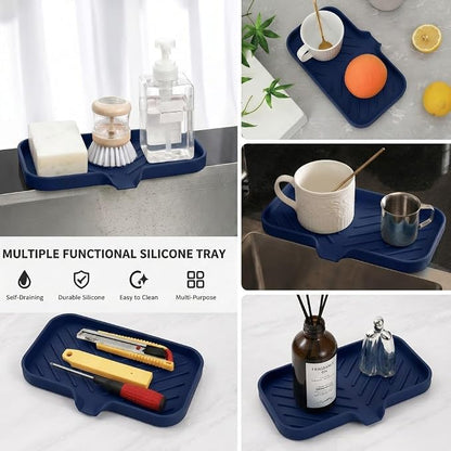 MicoYang Silicone Soap Dish with Drain Spout — Self-Draining Sink Organizer Tray for Bathroom & Kitchen, Sponges, Dispensers & Soap Holder, Non-Slip & Dishwasher Safe, Navy Blue (Medium, 9.6"×5.3")