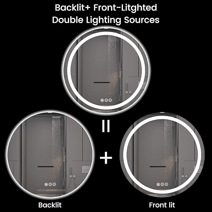 Round LED Bathroom Mirror with Lights, Backlit & Front Lighted, Wall-Mounted Vanity Mirror 3000K/4000K/6000K, Memory Functions, Anti-Fog, Dimmable Smart Mirror (Round 30" x 30")