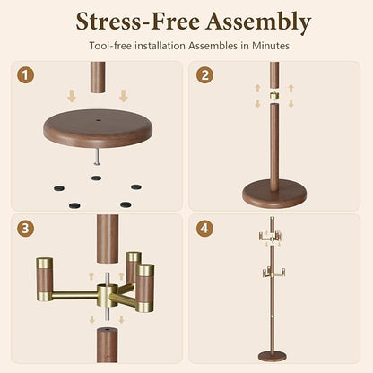 Solid Wood Freestanding Coat Rack with 6 Gold Metal Hooks, Heavy-Duty Freestanding Coat Stand for Coats, Hats, and Bags, Coat Racks for Bedroom, Entryway, and Living Room (Walnut)
