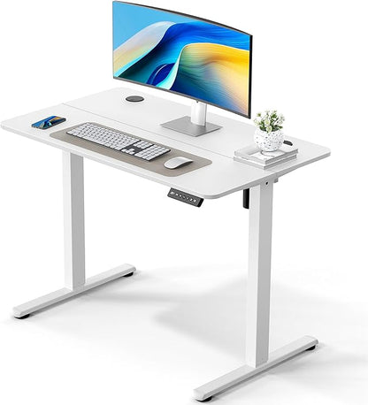 40" Electric Standing Desk Adjustable Height, Ergonomic Sit Stand Computer Desk for Home Office, Sturdy Motorized Workstation with Memory Controller & Timer, White