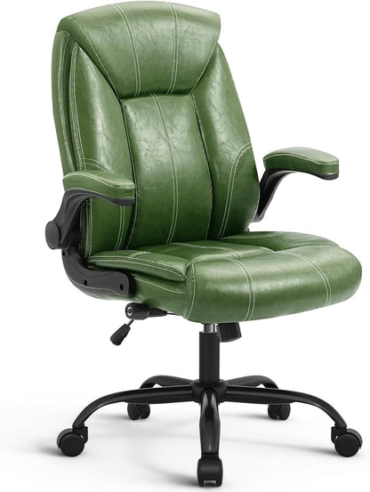 YAMASORO Executive Office Chair,Big and Tall Ergonomic Desk Chair with Adjustable Lumbar Support,Breathable PU Leather Computer Chair wih Flip-up Arms and Wheels,Green