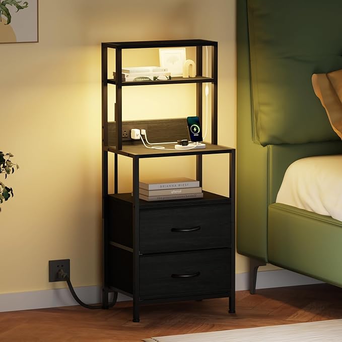 Furnulem Night Stand, Tall Nightstand with 4-Tier Shelves, 2 Fabric Drawers and Led Lights, Bed Side Tables with Charging Station, Bedside Table for Bedroom, Office, Black Oak | 4-Tier Shelves