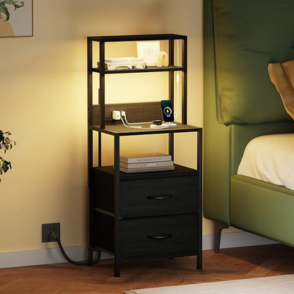 Furnulem Night Stand, Tall Nightstand with 4-Tier Shelves, 2 Fabric Drawers and Led Lights, Bed Side Tables with Charging Station, Bedside Table for Bedroom, Office, Black Oak | 4-Tier Shelves